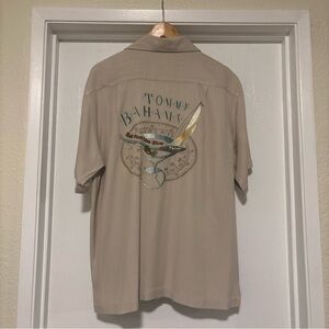 Tommy Bahama 100% Silk Embroidered Men's Shirt Sail Fast Live Slow Tan Stained